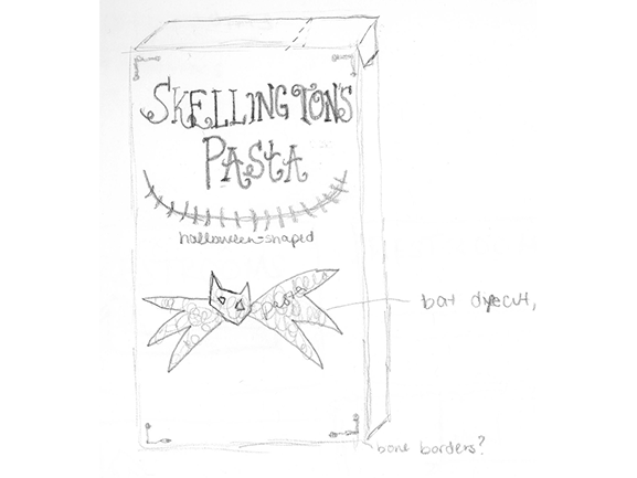 Skellington's Pasta packaging sketch featuring Halloween themes like bats and bones, with decorative elements and labels.