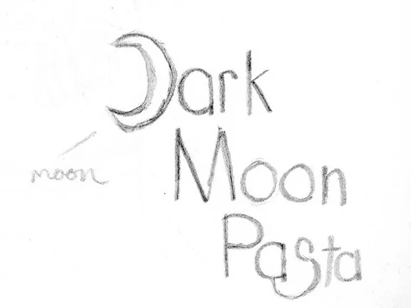 Hand-drawn text: "Dark Moon Pasta" with a crescent moon illustration.