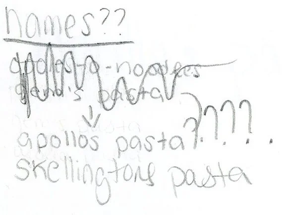 Handwritten text listing possible names for pasta, including "apollo noodles," "apollo's pasta," and "skellington pasta."