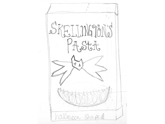 Sketch of a pasta box labeled "Skellington's Pasta" with a Halloween theme, featuring a bat drawing and bowl of pasta.