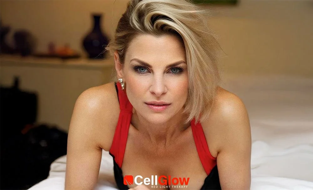 Vrouw met blonde haar in een rode en zwarte outfit op een bed, met een ontspannen achtergrond.