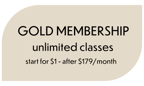 A promotional graphic for a gold membership offering unlimited classes starting at $1, with a monthly fee of $179.