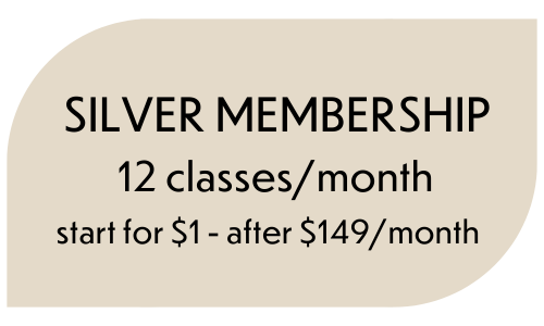 A beige speech bubble-shaped sign with black text promoting silver membership and details about classes and pricing.