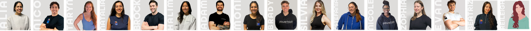 pictures of powerhaus trainers, front desk staff and social media manager and dietitian