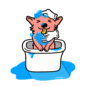 Cute cartoon dog taking a bath in a white tub with blue water and soap suds.
