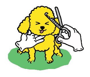 A cartoon scene of a dog getting a haircut from two hands, with a yellow background and a green patch of grass.
