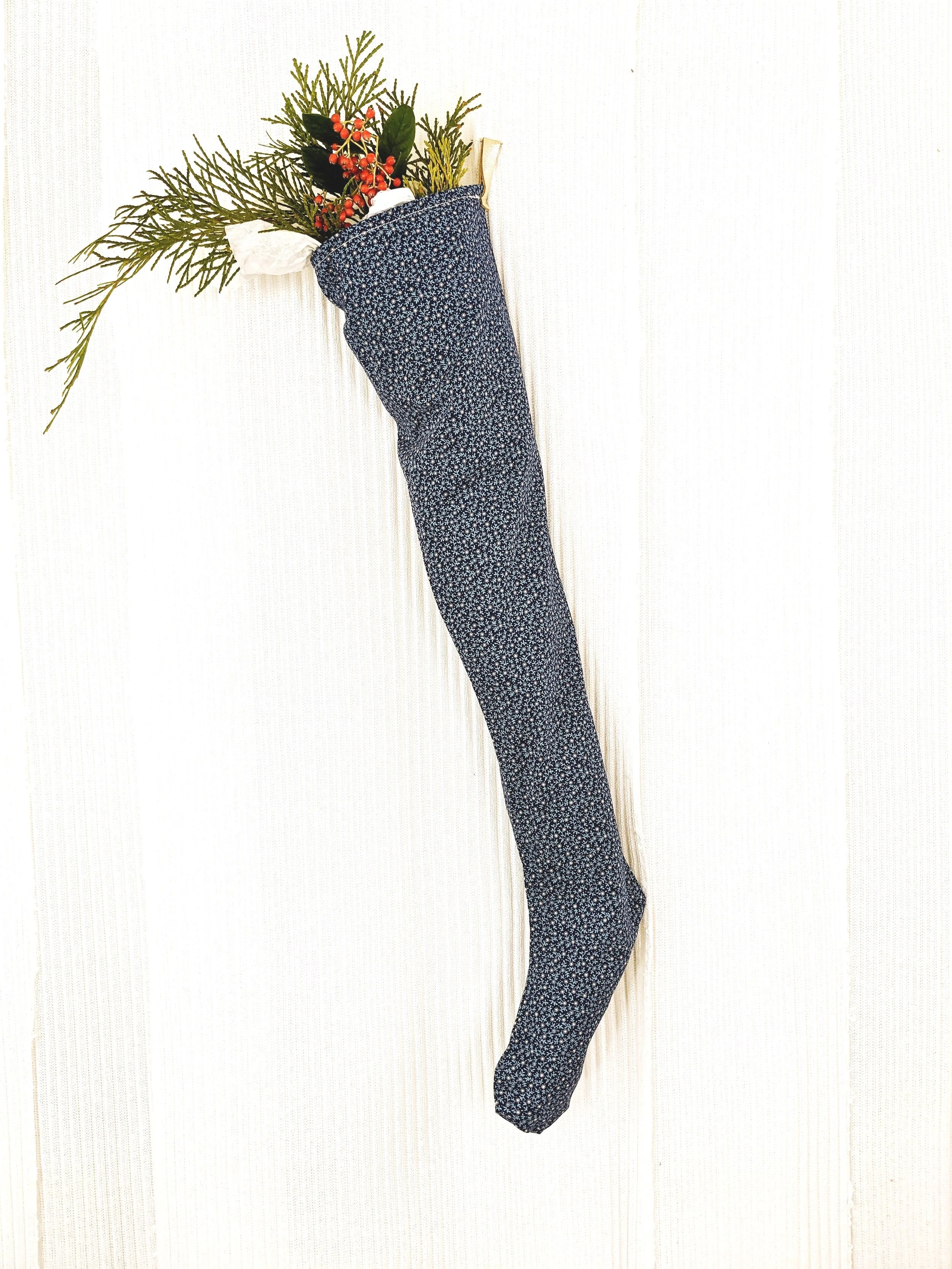 Nordick Holiday Stocking : Vintage Blue Boho Floral with Leather