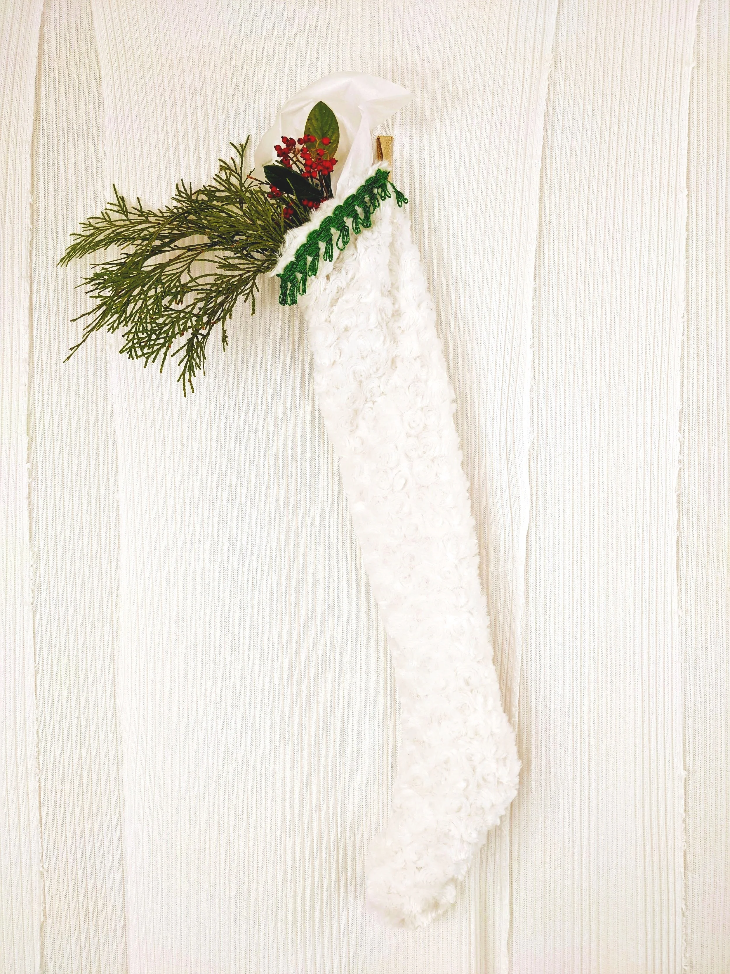 Nordick Holiday Stocking : White Faux Curly Fur with Green Fringe with Leather