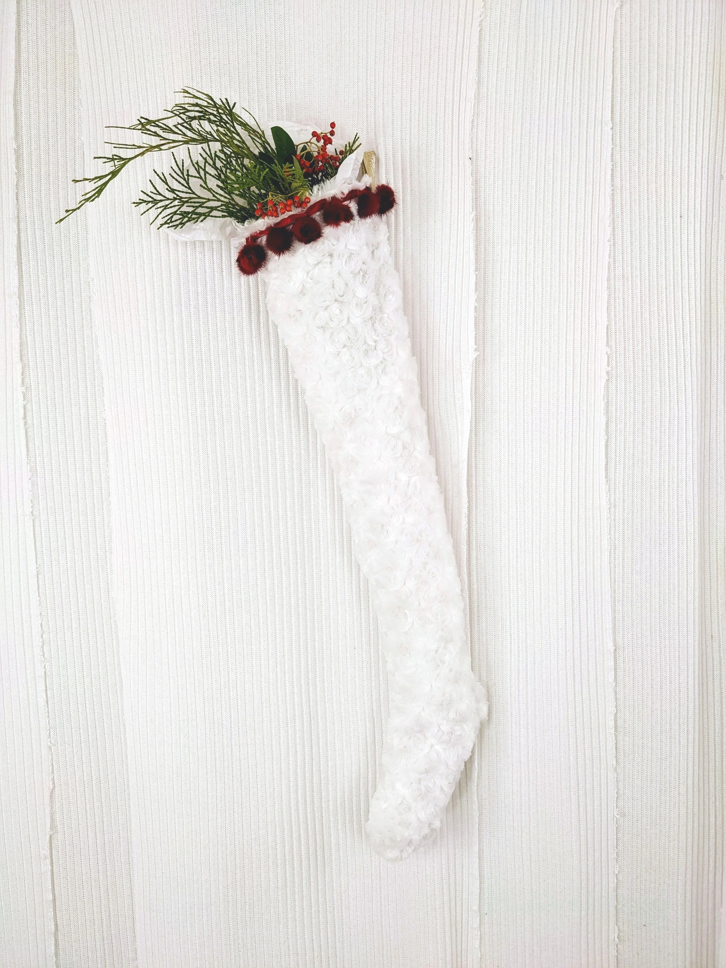Nordick Holiday Stocking : White Faux Curly Fur with Red Fur Pom Poms with Leather