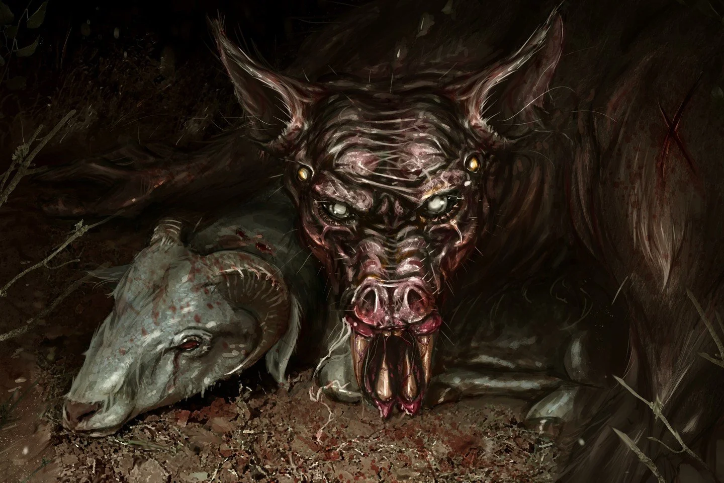 The chupacabra is a vampiric beast that feeds off of the blood of livestock, especially goats. Thanks to the artist @argaphons for bringing this piece of their local folklore to life!

#chupacabra #vampire #cryptid #horrorart #bloody #illustration #f