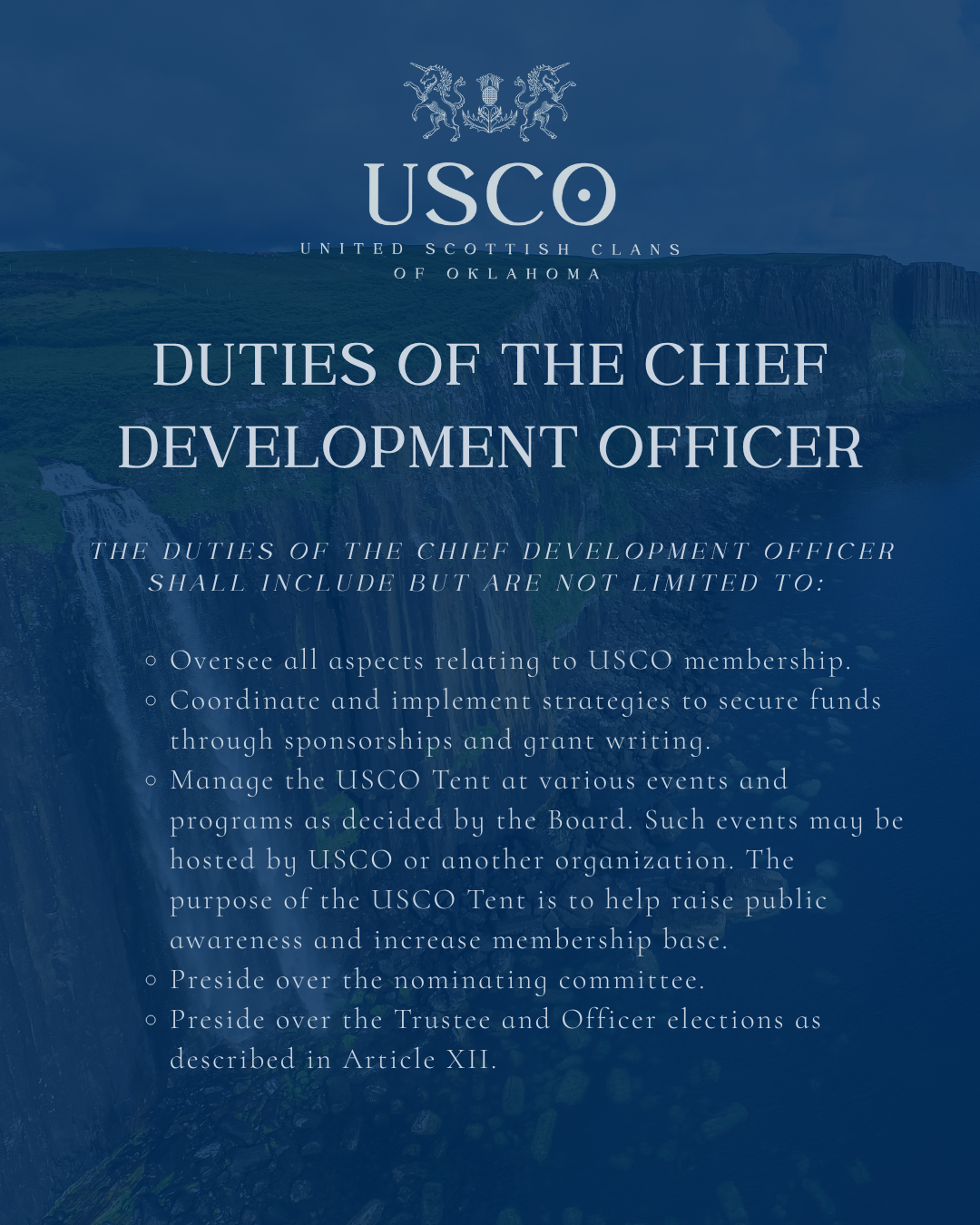 Information poster about duties of the Chief Development Officer for the United Scottish Clans of Oklahoma, with a background of waterfalls and cliffs.