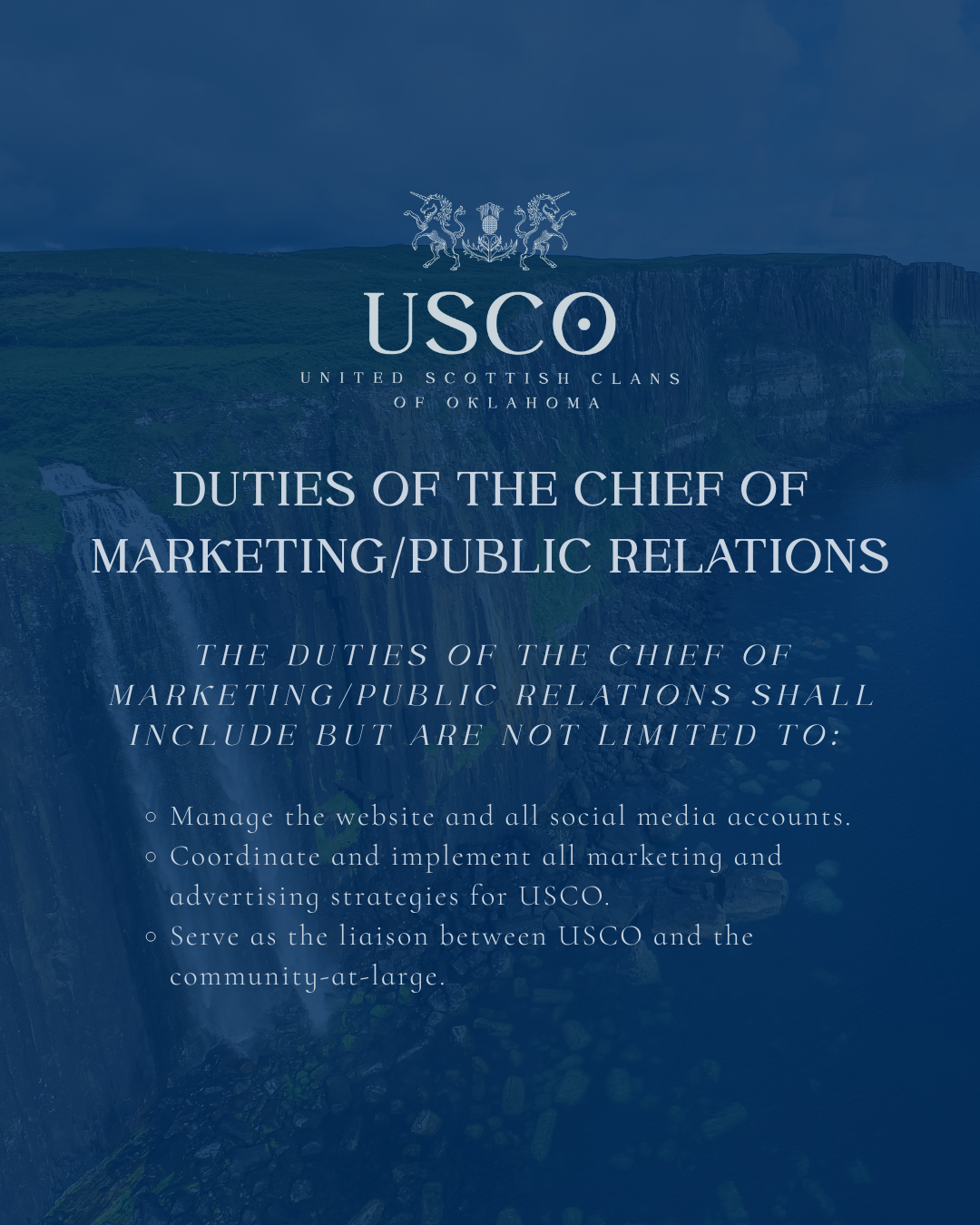 USCO logo with Scottish clan crest, text outlining duties of the Chief of Marketing/Public Relations for the United Scottish Clans of Oklahoma, including managing social media, coordinating marketing strategies, and serving as liaison with the community.