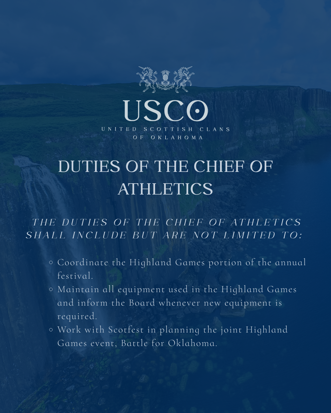 Document titled "Duties of the Chief of Athletics" for the United Scottish Clans of Oklahoma (USCO). It includes duties related to Highland Games coordination, equipment maintenance, and event planning, with a scenic background of a waterfall and cliffs.