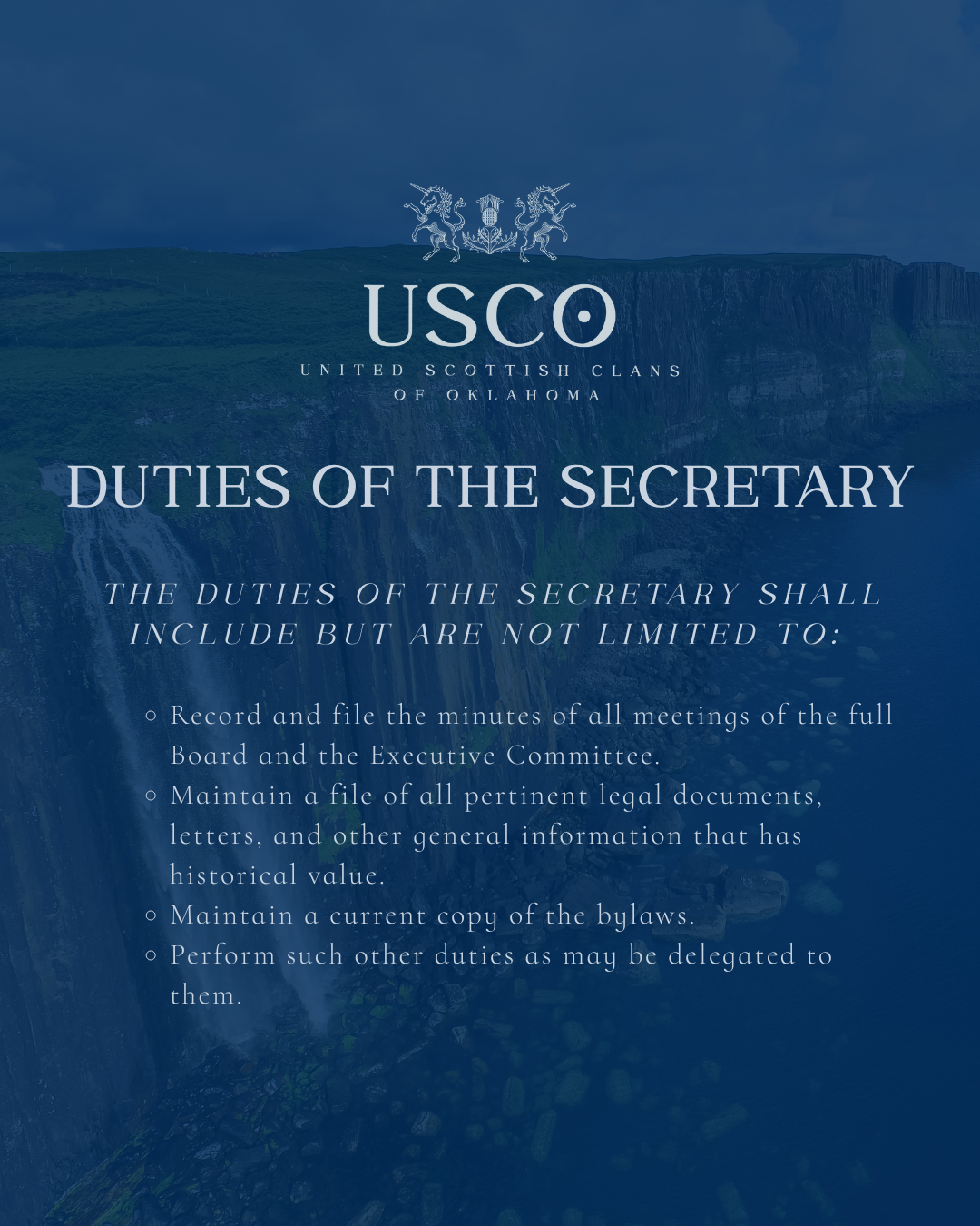 Official document titled 'Duties of the Secretary' from the United Scottish Clans of Oklahoma, featuring a waterfall background and the organization's crest at the top.
