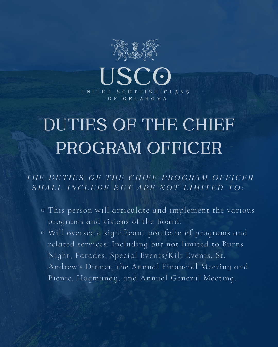 A document titled 'Duties of the Chief Program Officer' for the United Scottish Clans of Oklahoma (USCO), with a blue mountain and waterfall background, details responsibilities of the program officer.