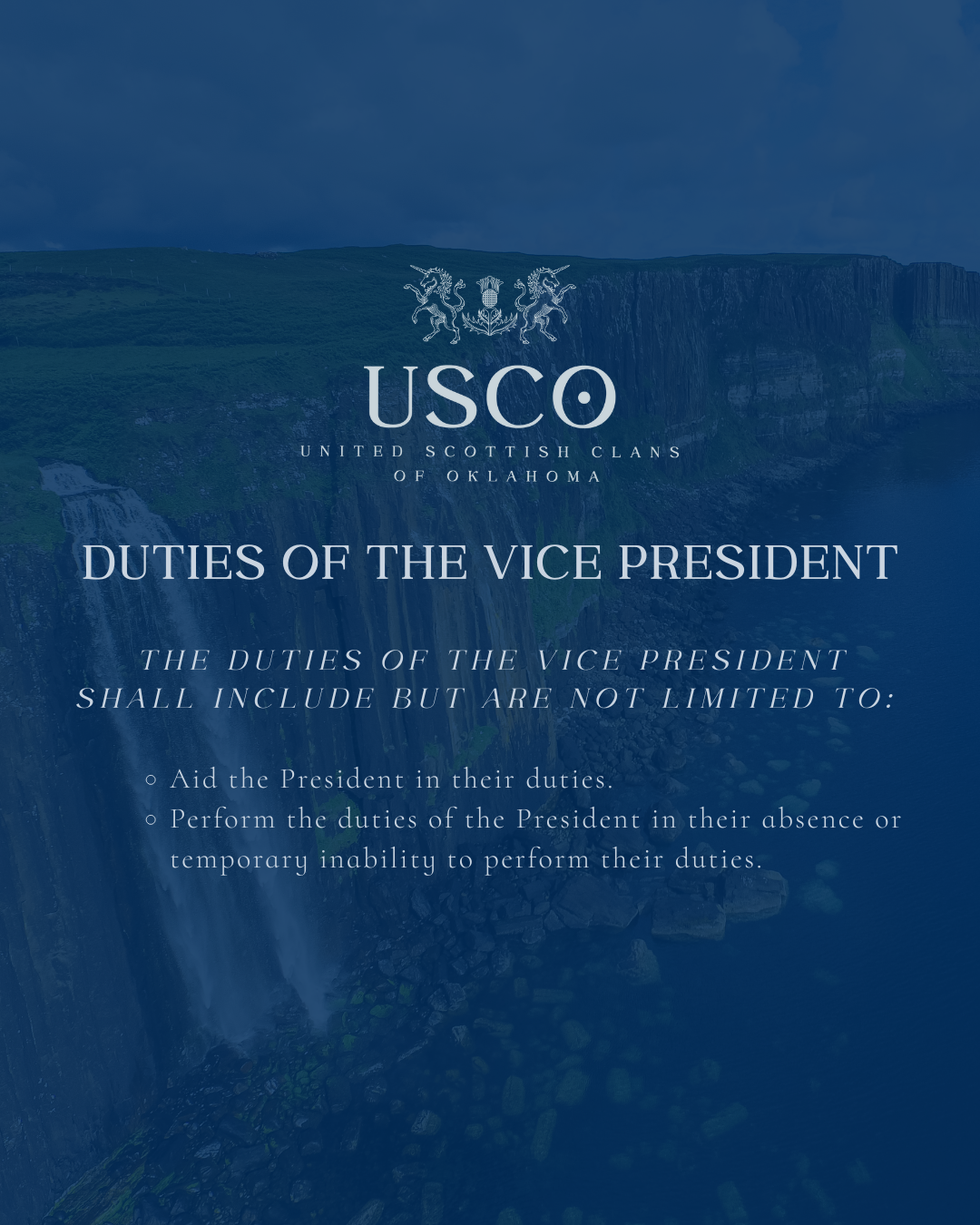 Text document titled 'Duties of the Vice President' from the United Scottish Clans of Oklahoma, with a background image of a waterfall and cliffs.