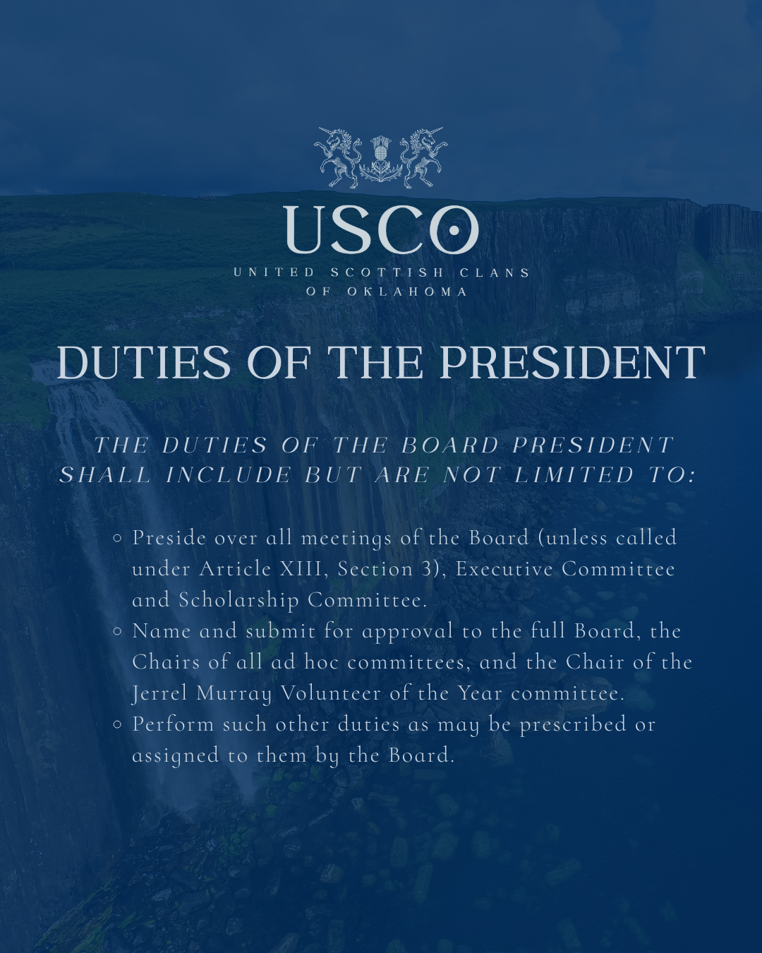 Document titled 'Duties of the President' from the United Scottish Clans of Oklahoma, with a background image of a waterfall and green landscape.