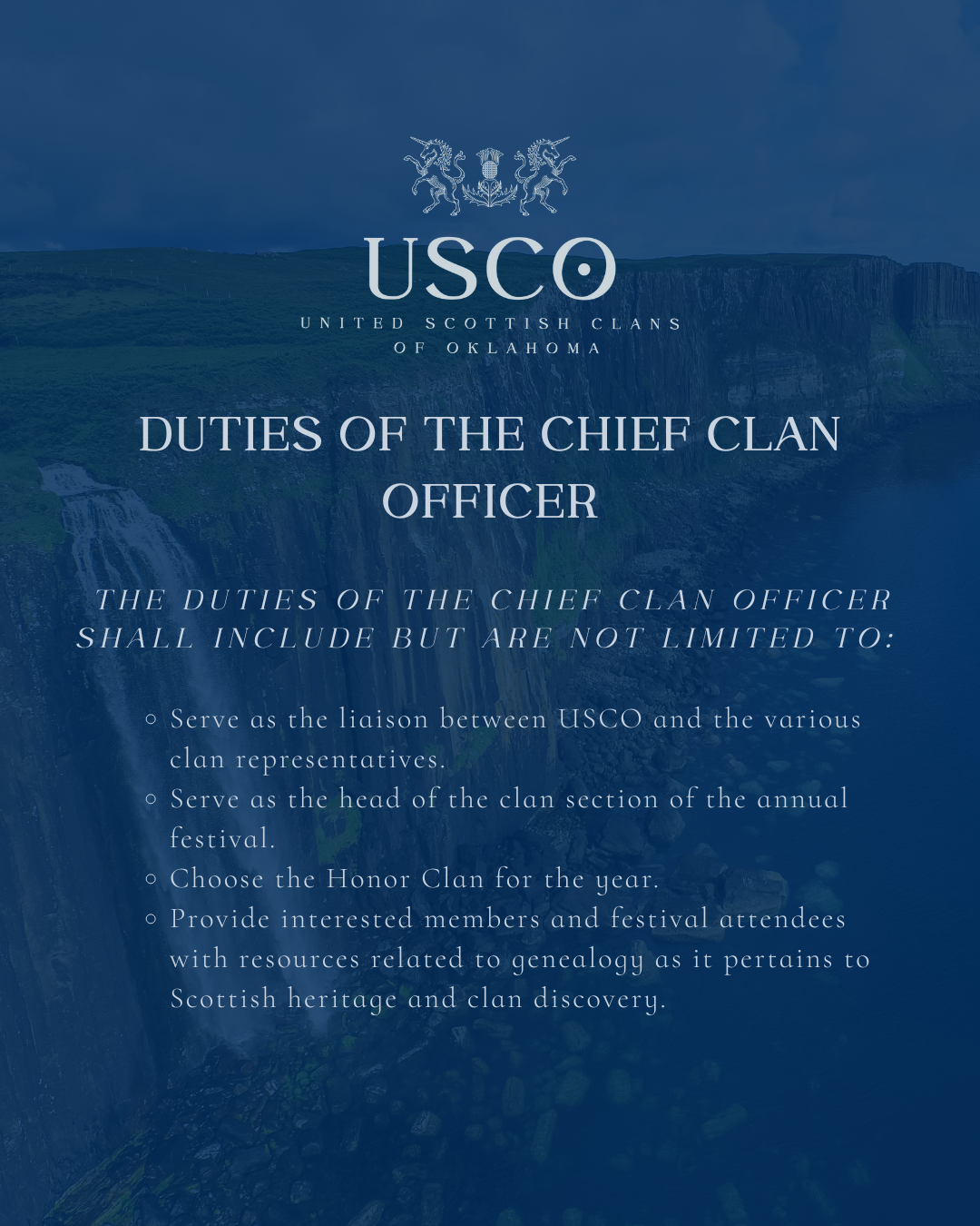 Text document from the United Scottish Clans of Oklahoma outlining the duties of the chief clan officer, including serving as liaison, festival leader, honor clan chooser, and resource provider.