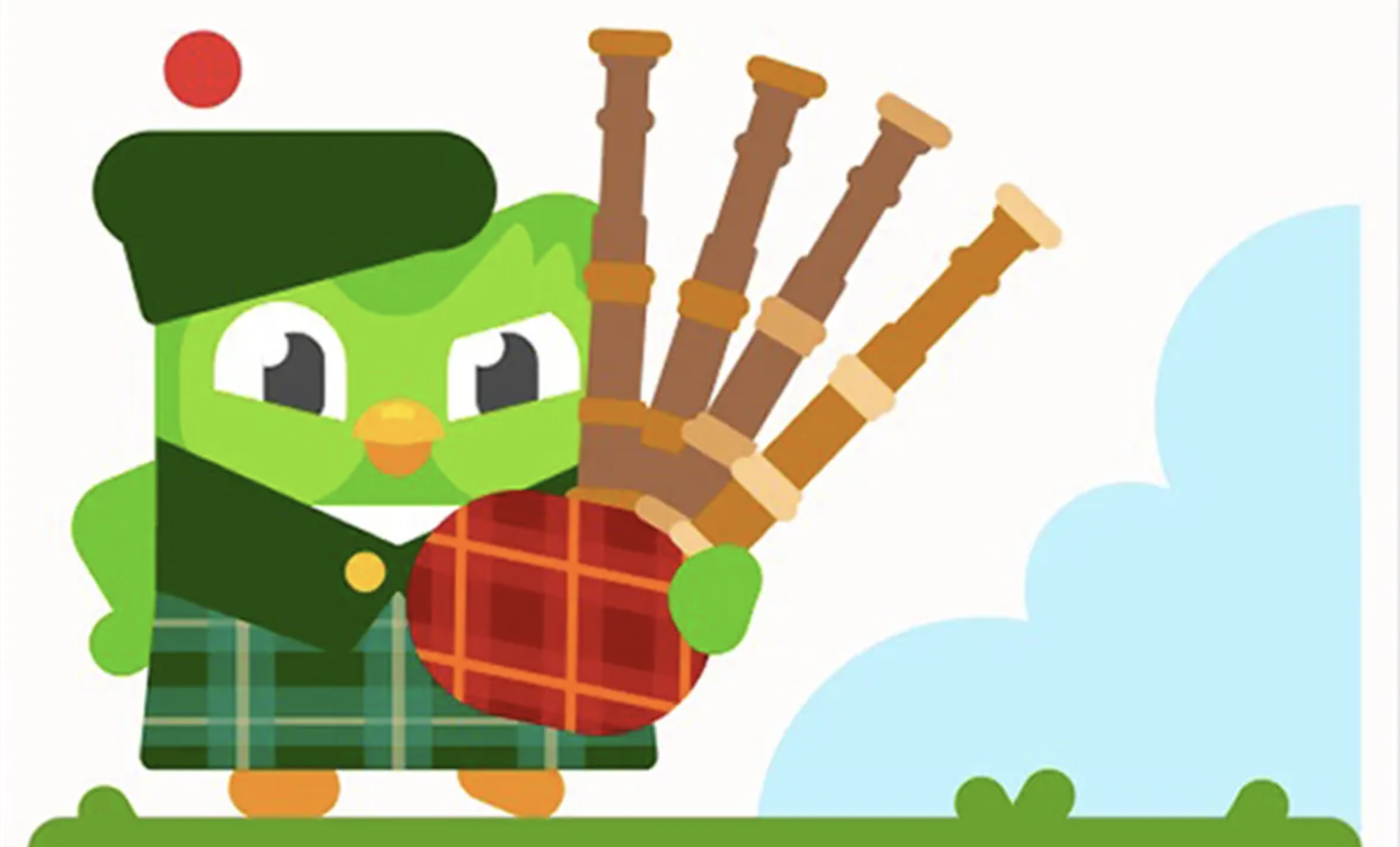 Cartoon green character dressed as a Scottish bagpiper, holding a red and yellow tartan-patterned bagpipe with multiple pipes, standing on a grassy hill with blue clouds in the background.