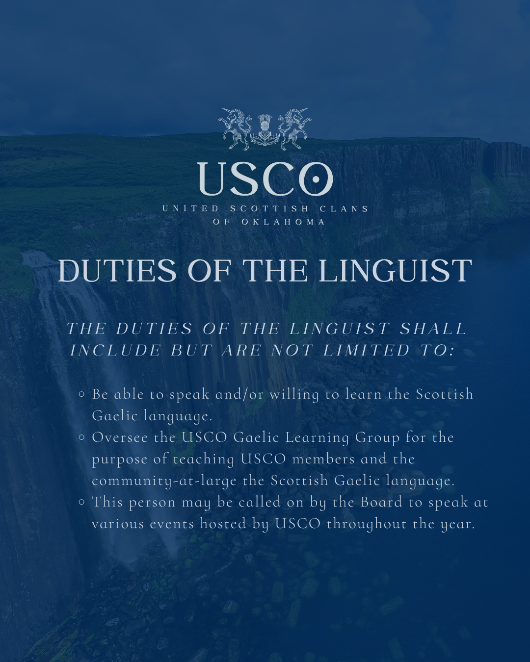 Official document or poster from the United Scottish Clans of Oklahoma detailing duties of the linguist, including speaking Gaelic, overseeing learning groups, and speaking at events.
