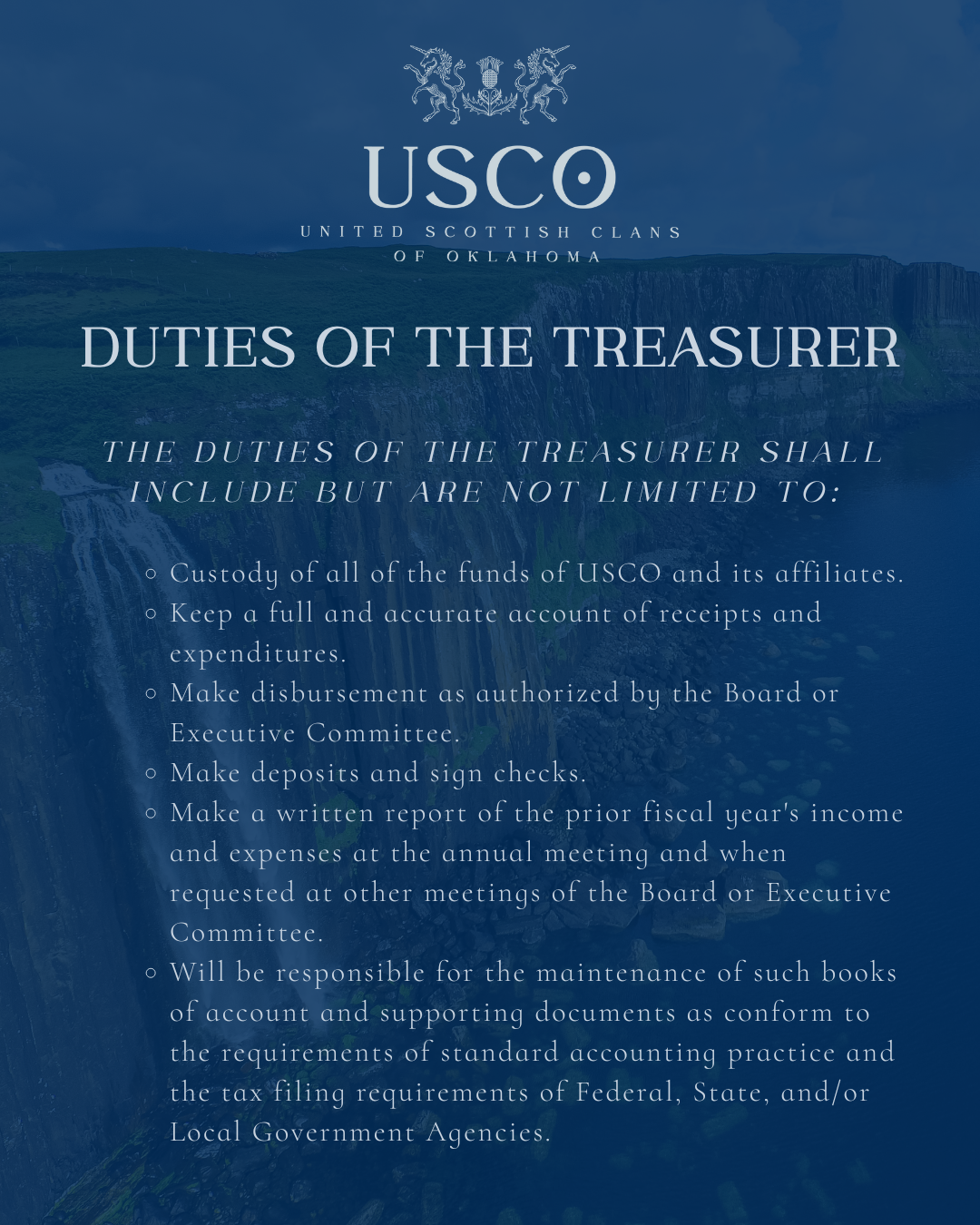 A document titled "Duties of the Treasurer" from the United Scottish Clans of Oklahoma, listing responsibilities such as custody of funds, keeping records, making disbursements, deposits, reporting income, and maintaining financial records.