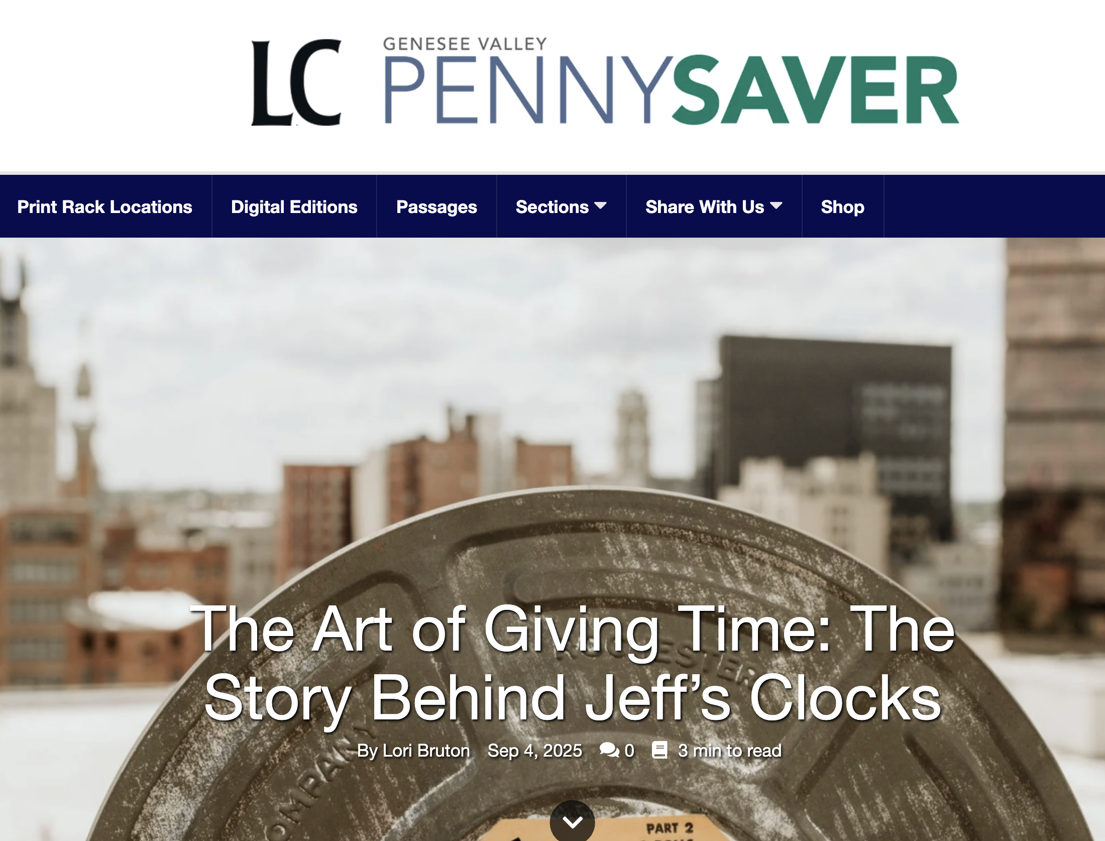 Website homepage for Genesee Valley Library Cooperative featuring an article titled 'The Art of Giving Time: The Story Behind Jeff's Clocks' by Lori Bruton, with a background image of a cityscape and a clock face.