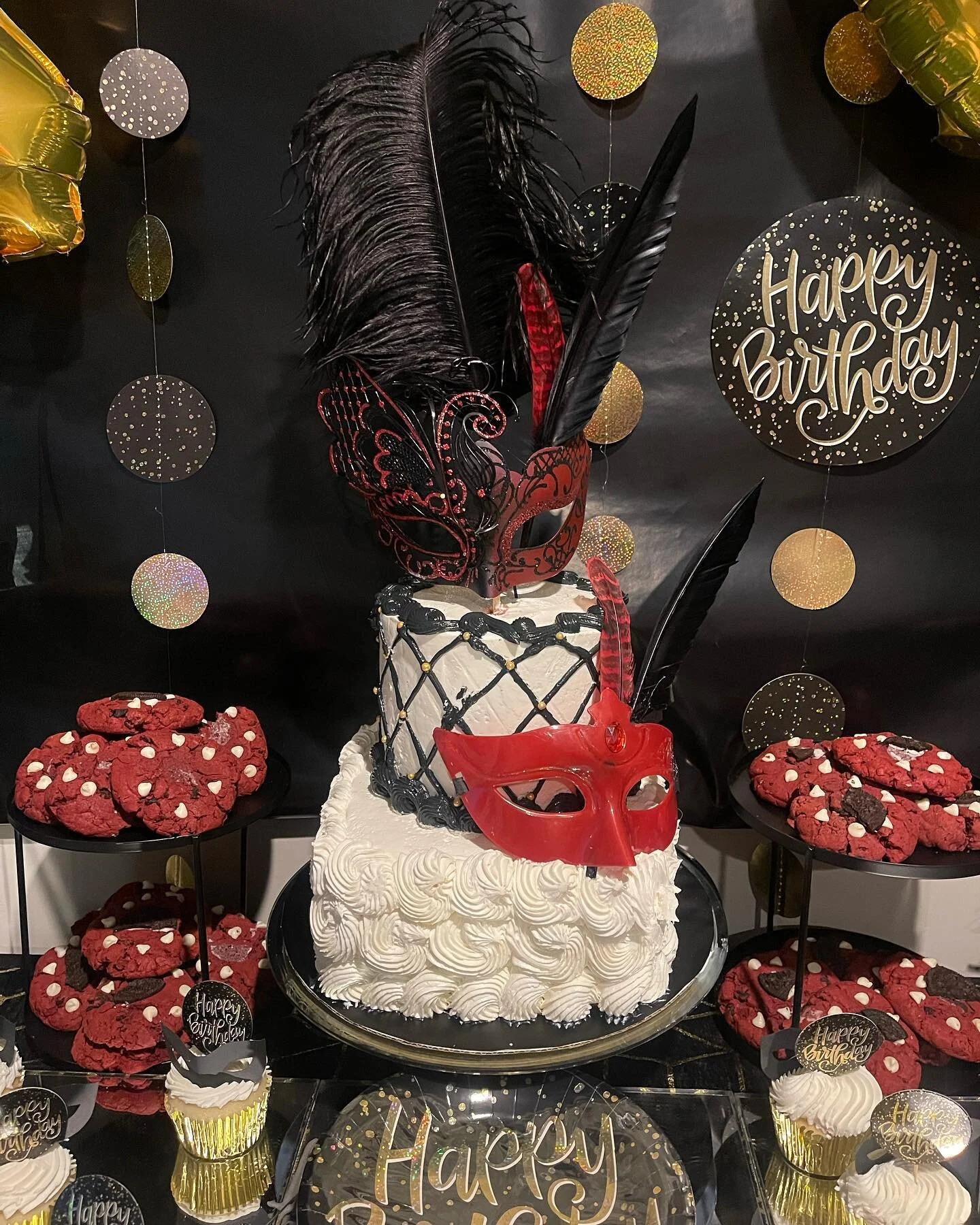 Masquerade inspired cake. Red velvet cake with cream cheese icing. Visit @ kitas kitchen and more! #kitaskitchen #masquerade #sweet16