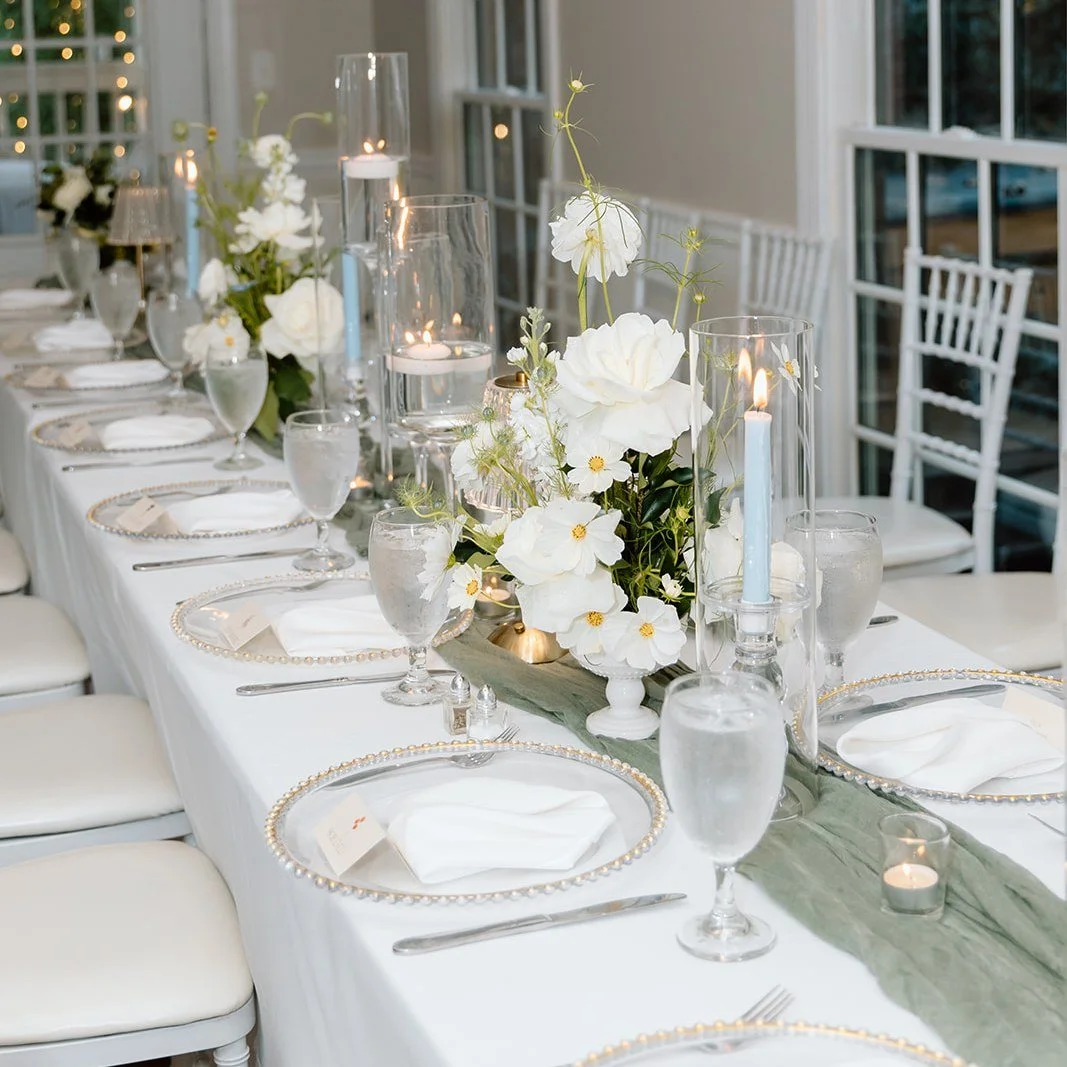 After you get married in your choice of 4 different ceremony sites, your guests will enjoy a beautiful elegant dinner either in the house or the pavilion. 

All decor is included in our Truly All Inclusive weddings, designed by you and our talented f