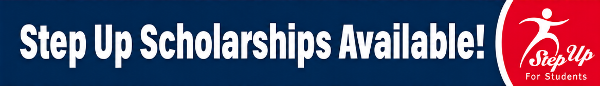 Blue banner with text reading "Step Up Scholarships Available" with red Step Up For Students logo. This is a scholarship program available to students in Florida that can be used to pay for piano lessons.