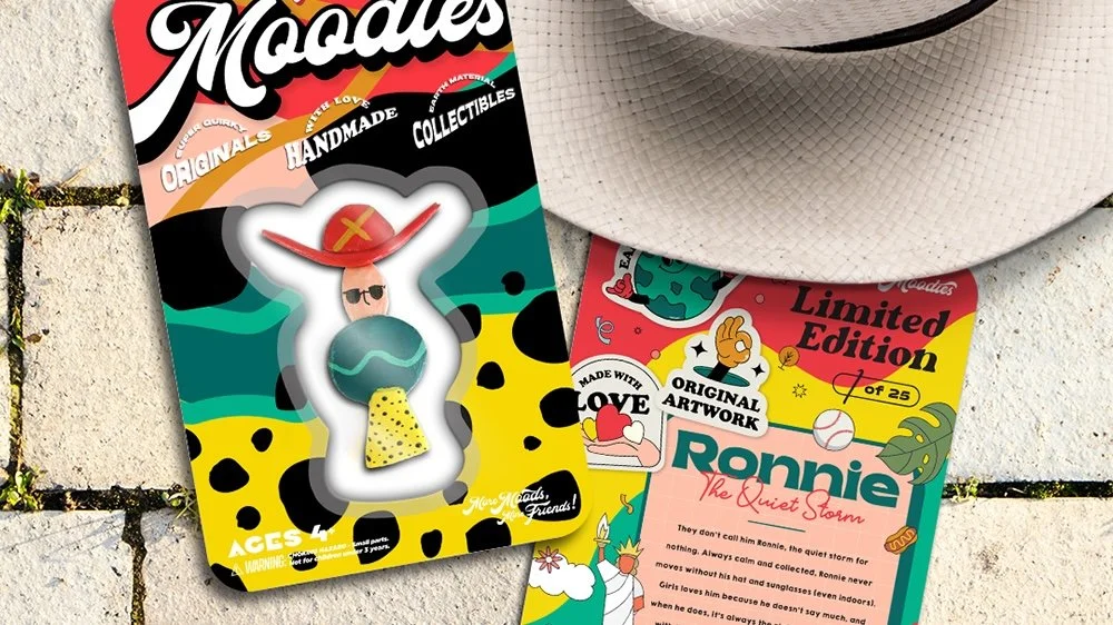 Colorful packaging for Moodies by Jessie collectible figurines, created by Tony Yang, Toronto-based Art Director with 12+ years’ experience, specializing in concept-to-execution campaign direction, brand storytelling, and design systems for agencies.