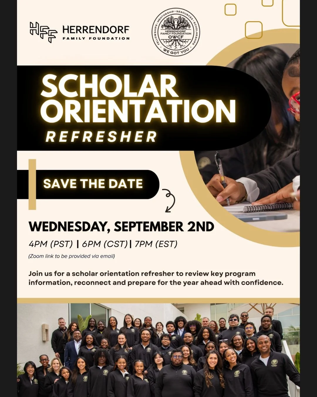 Mark your calendars for our Scholar Orientation Refresher! ⁠
⁠
Wednesday, September 2nd, 2026 📅⁠
⁠
Join us to review key program information, reconnect and prepare for the year ahead with confidence. We look forward to seeing you then!