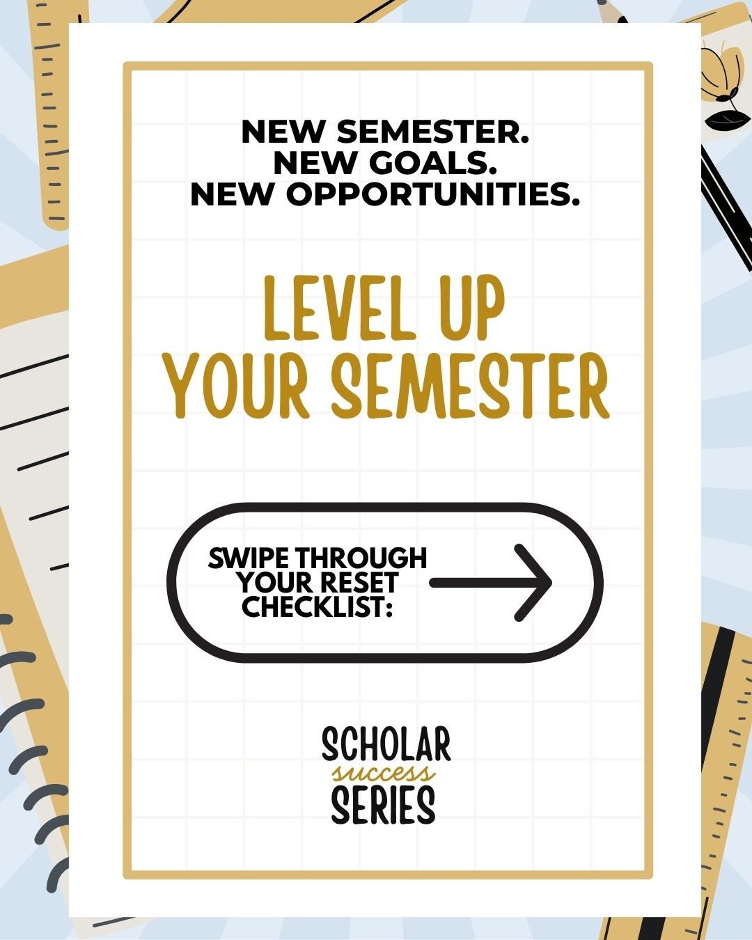 NEW SEMESTER. NEW GOALS. NEW OPPORTUNITIES.⁠
⁠
Ask yourself a few questions this semester:⁠
⁠
📚 ACADEMICS - What do you want to accomplish academically?⁠
⏰ TIME - Where can you better manage your schedule?⁠
🧘 WELLNESS - What do you need to feel you