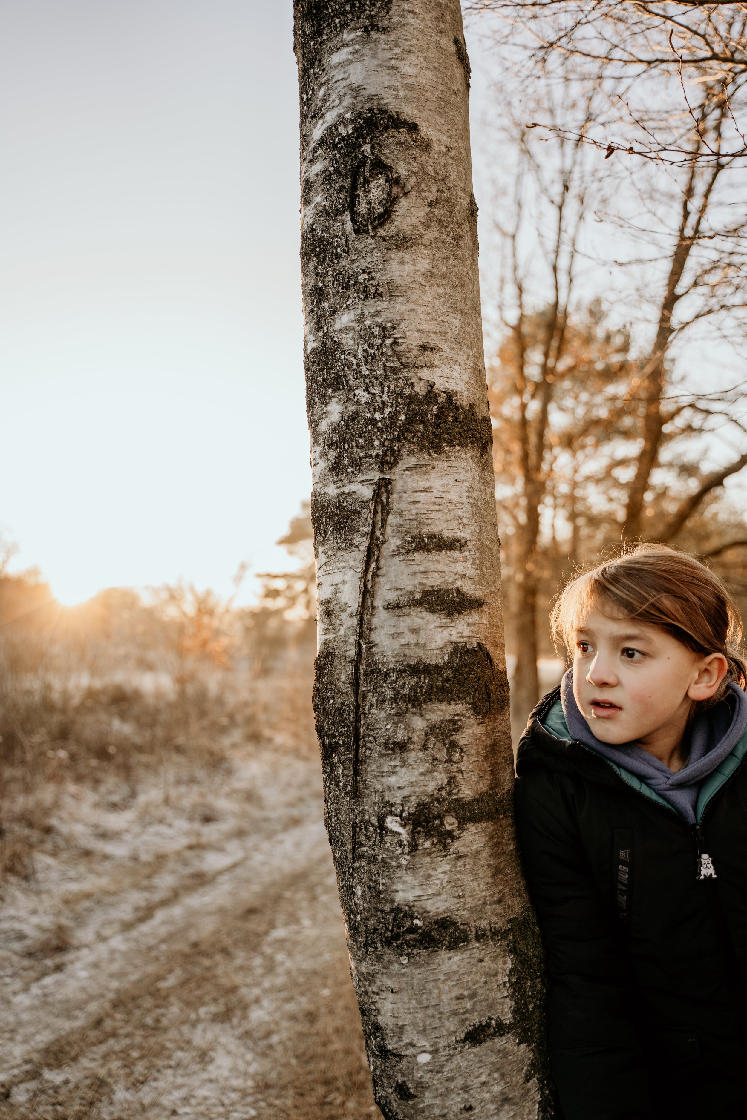 Jongetje tijdens de winter bij boom en warm zonlicht in Drenthe.