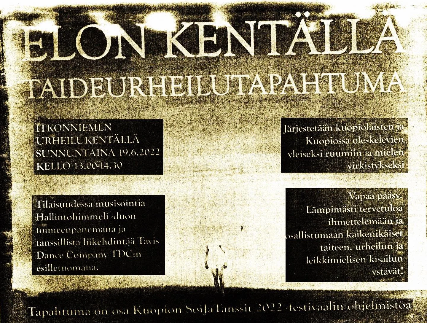 ✨ELON KENT&Auml;LL&Auml; - Taideurheilutapahtuma ✨

Tapahtumapaikalle, Itkonniemen Urheilukent&auml;lle(Dunckerinkatu), p&auml;&auml;set k&auml;tev&auml;sti bussilla numero 23. 

Lis&auml;ksi k&auml;yt&ouml;ss&auml;si ovat s&auml;hk&ouml;potkulaudat 