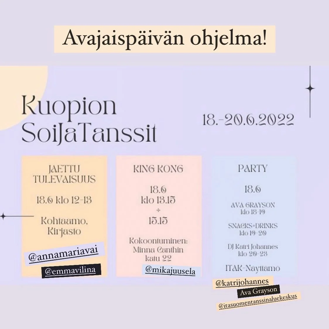 💛 OLETKO VALMIS? ⚡️🌞

Festivaali alkaa huomenna!
Tutustu festivaalin esityksiin ja tapahtumiin⭐️ 

N&auml;hd&auml;&auml;n huomenna Kohtaamossa Kuopion kirjastolla klo 12, kun festivaalin avaa Jaettu Tulevaisuus by @emmavilina ja @annamariavai sek&a
