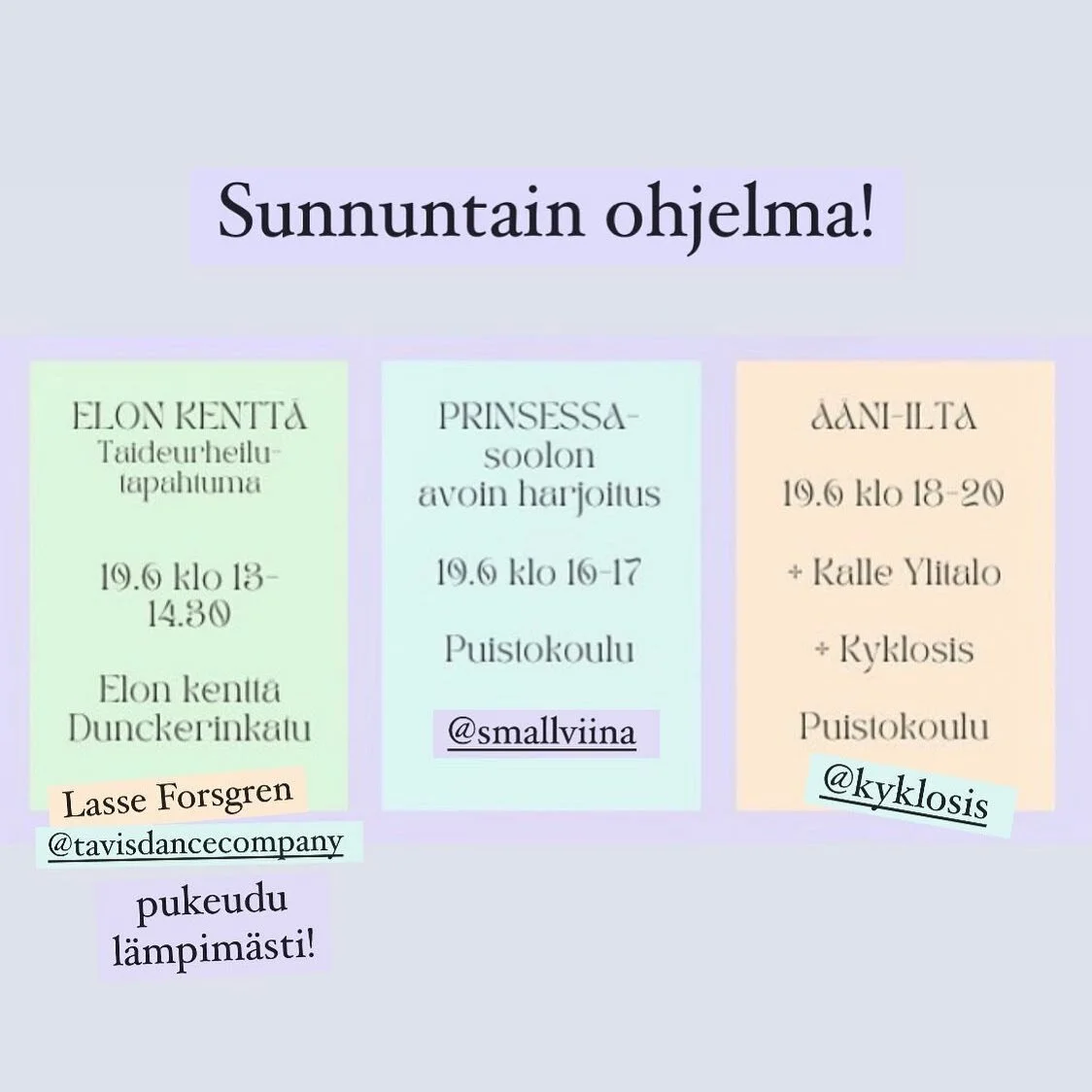 ⭐️ FESTIVAALIN TOINEN P&Auml;IV&Auml; ⭐️

P&auml;iv&auml; k&auml;ynnistyy Elon Kent&auml;ll&auml; Taideurheilutapahtuman merkeiss&auml;! Pukedu l&auml;mpim&auml;sti ja tule kannustamaan @tavisdancecompany :n tanssijoita 💛

P&auml;iv&auml;n ohjelma j
