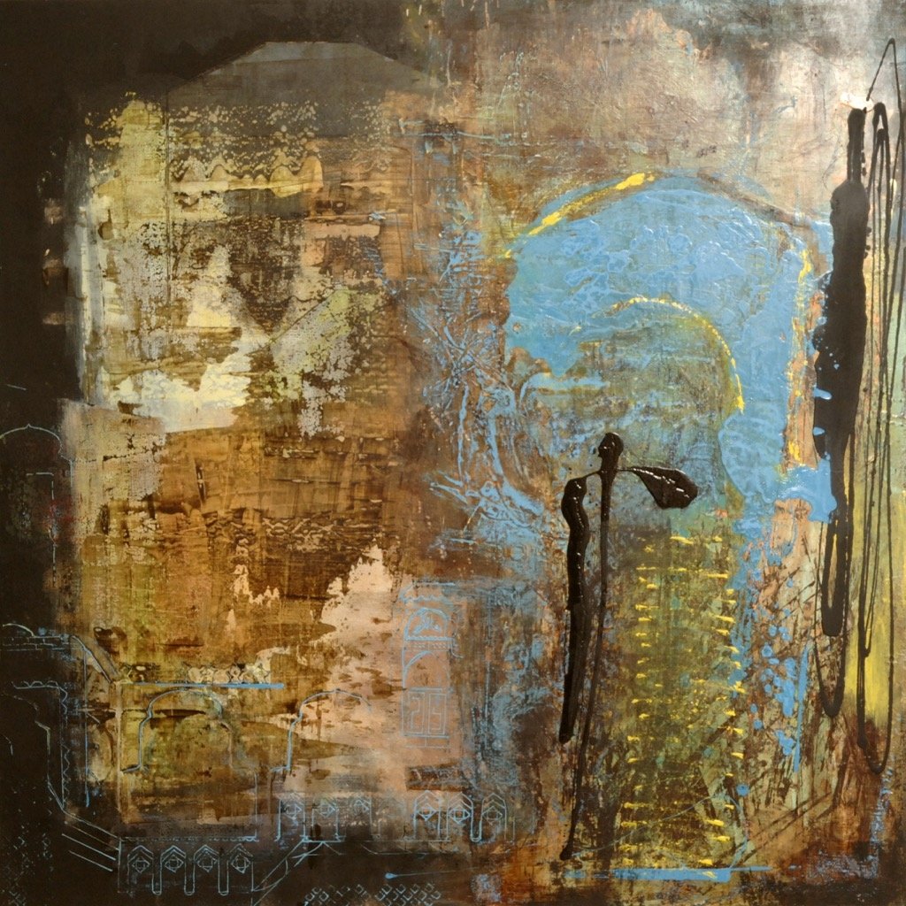 Fragments 1, Oil, acrylic and bitumen on canvas, 122 x 122 cm