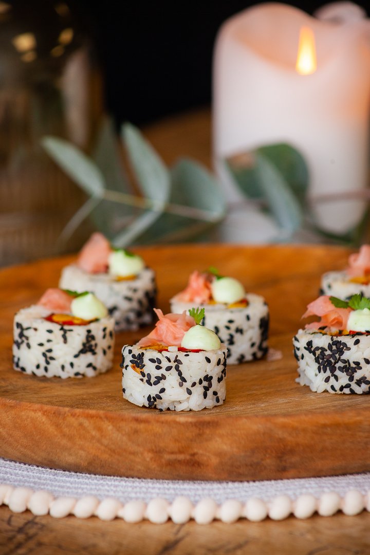 Curried chickpea, piquillo and coriander sushi, pickled ginger and wasabi mayonnaise 1.jpg