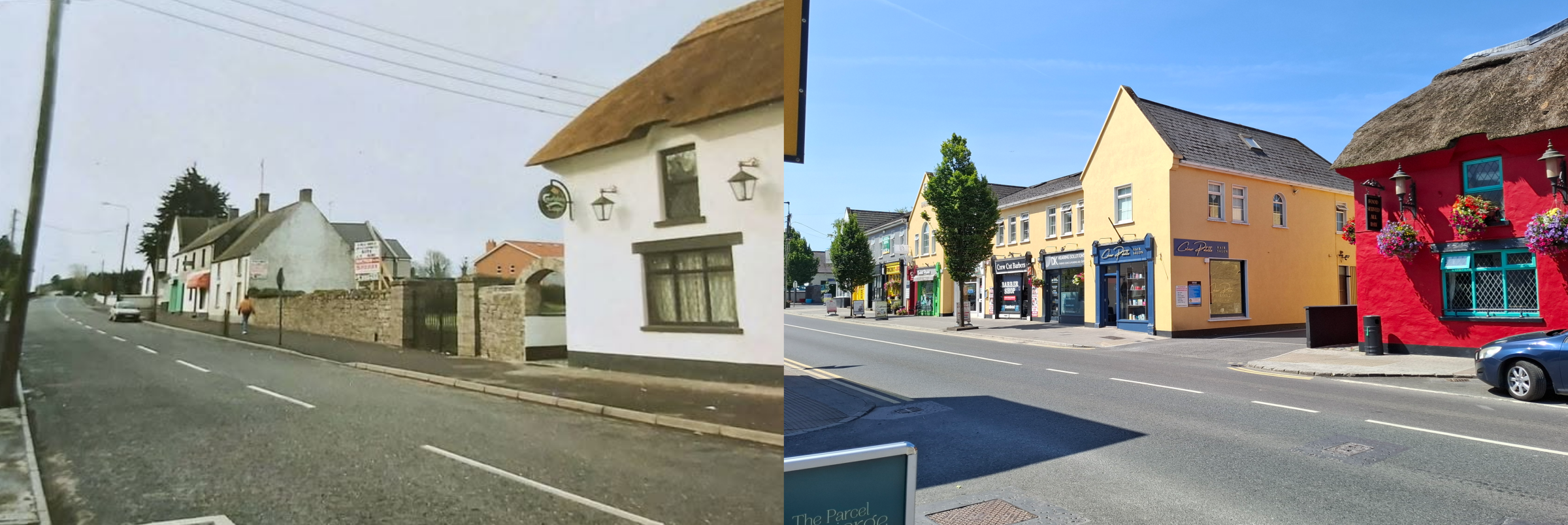 Alex J. Lyons' (now Vincent's), Blake's (now Avalon), Cooney's, Mary-Jane Brien's Dispensary (now Fidelma's), The Síbín. 
c 1990. 
Photo by Frank Lyons