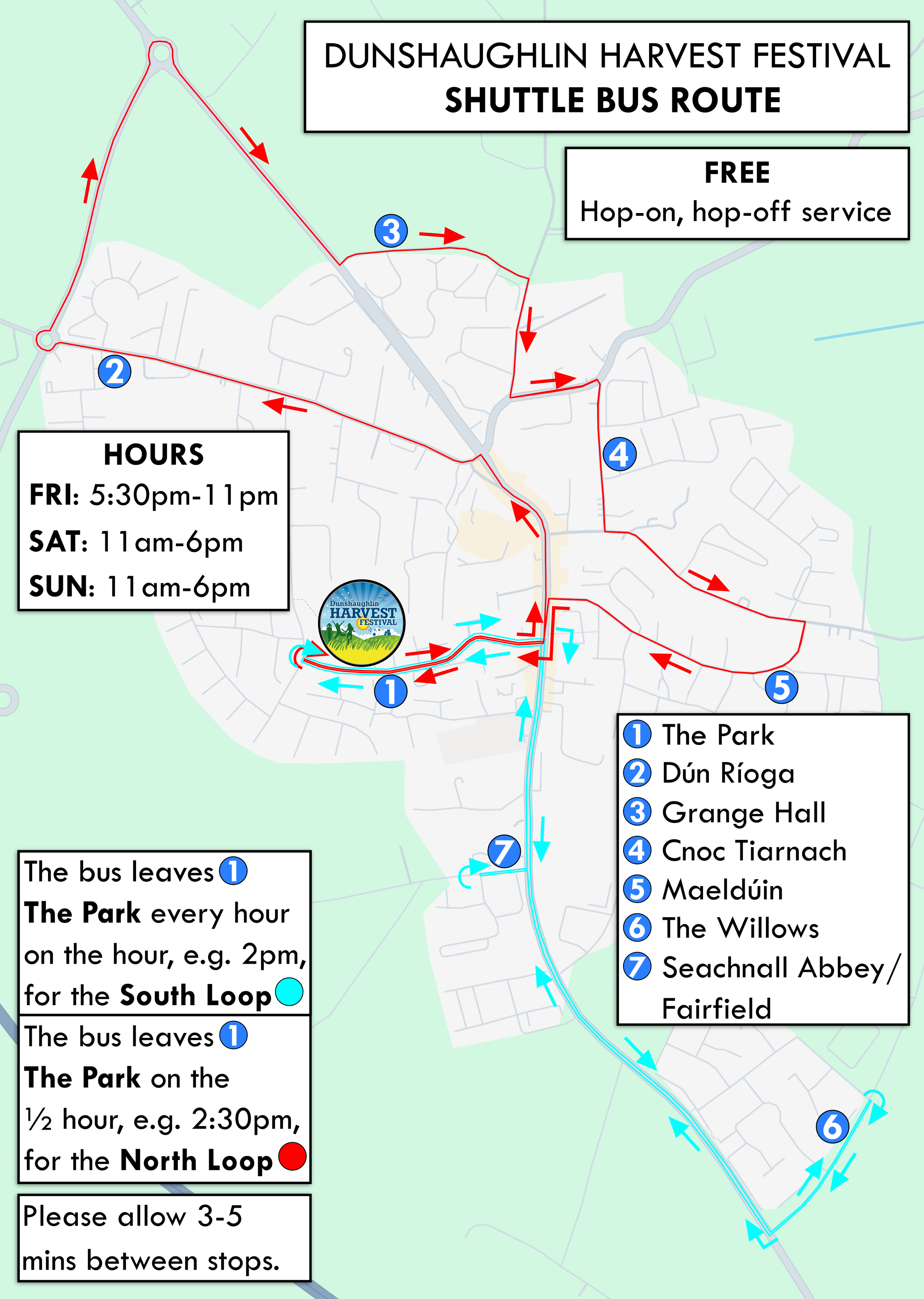 Dunfest 2026 - shuttle bus map - with 2 loops.png