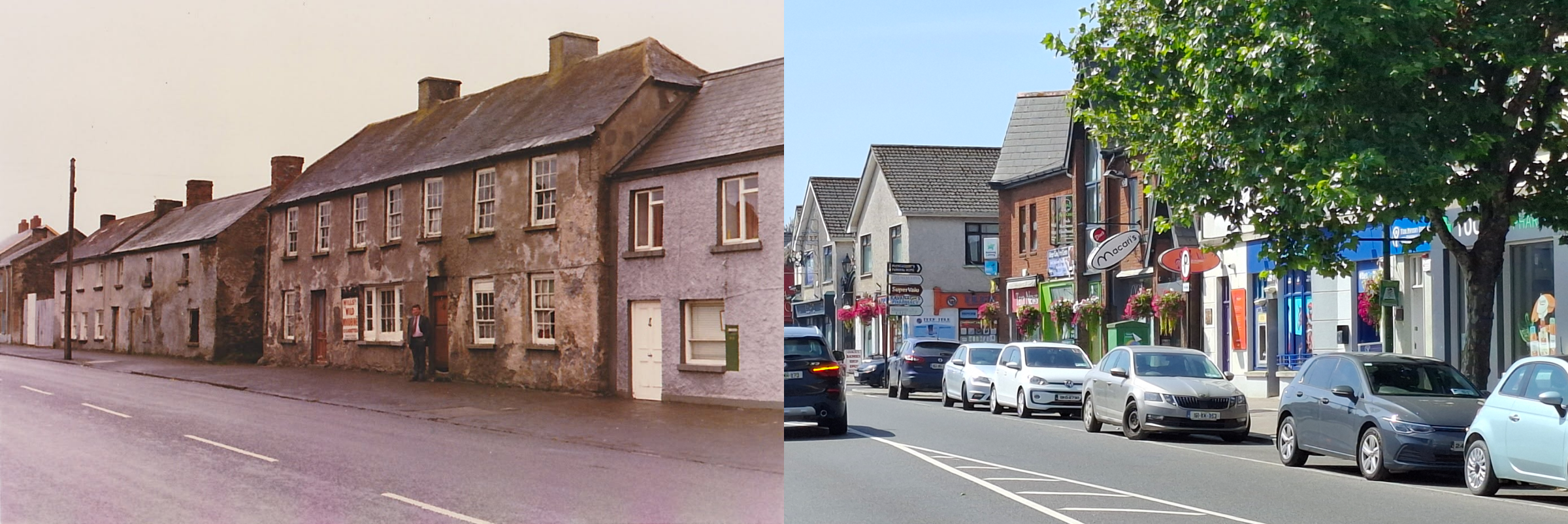 Main St, including Paddy Tugwell's cobblers, Florrie Featherstone's sweet shop and the Post Office (now Tara News, Cosi Interiors, Macaris, Boyle Sports, Fabien Cadden Solicitors). 
Early 1970s. 
Photo by Phonsie McEntaggart