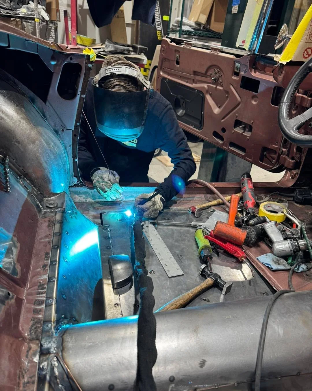 We ditched the bench seat in the Tbird in favor of some more comfortable and supportive lowback bucket seats. To keep the overall seat height as low as possible (the customer is 6’4”) we had to cut out the uneven floor and replace it with