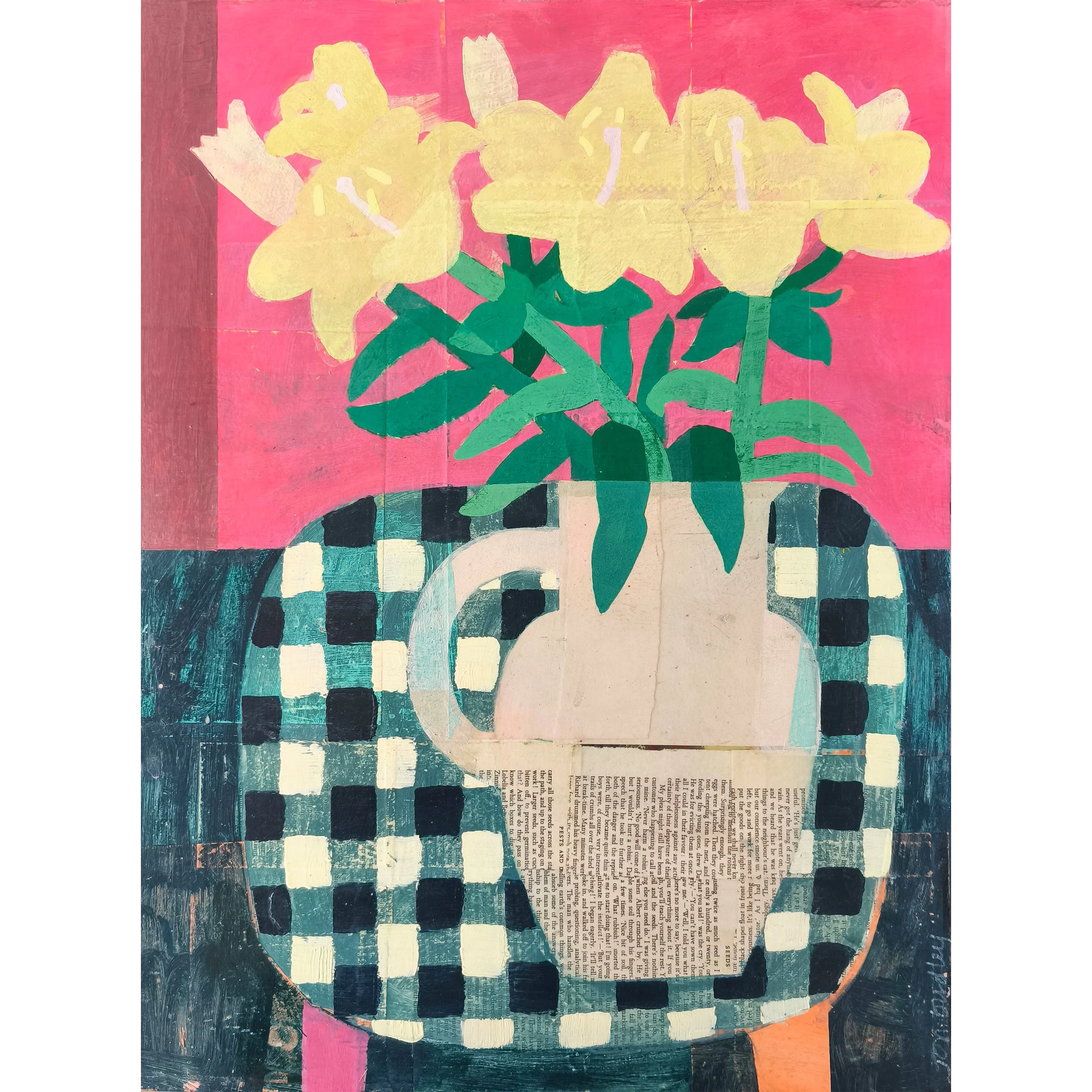 Lillies, Jug and Blue Check by Jon Dudley