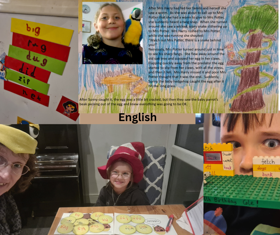 Children dressed in costumes, decorated educational displays, and a handwritten story about Mrs. Harry and a baby parrot, with colorful visuals and drawings on the walls and table.