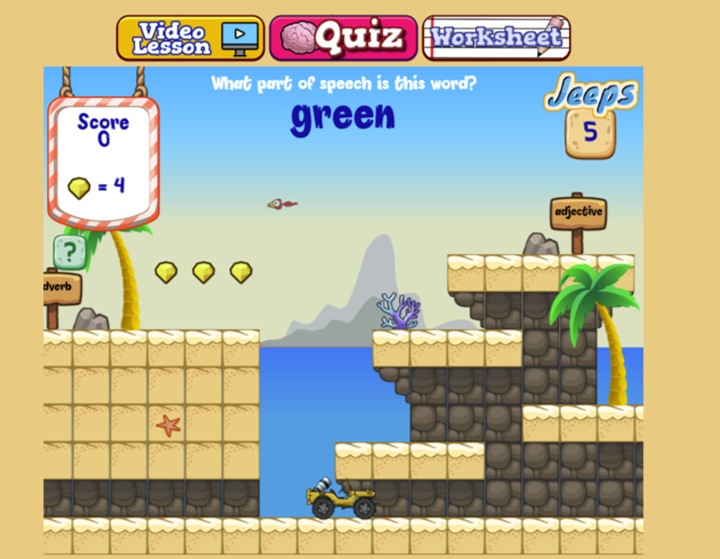 Beach Jeeps - Correctly decide if the word is an adjective or an adverbs to progress through the game.  Many, but not all adverbs end in 'ly'.