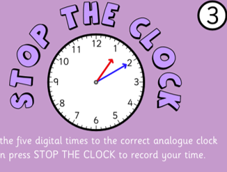 Stop the Clock - The free sample game, enables pupils to match analogue times to their digit times at 5 minute intervals.