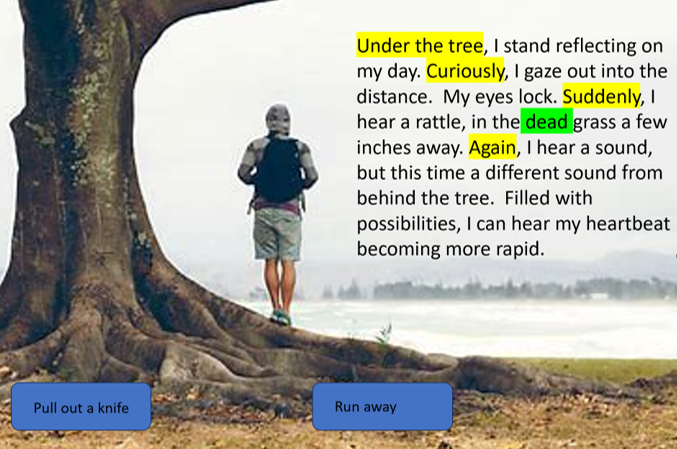 Powerpoint presentation created by a pupil with image to enhance their interactive adventure story.  A person in the image stand under a tree. There are two blue buttons at the bottom labeled 'Pull out a knife' and 'Run away'.