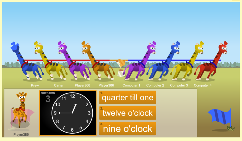 Giraffe Pull - multiple choice building confidence at o'clock, half past, quarter to and past, on the analogue clock.