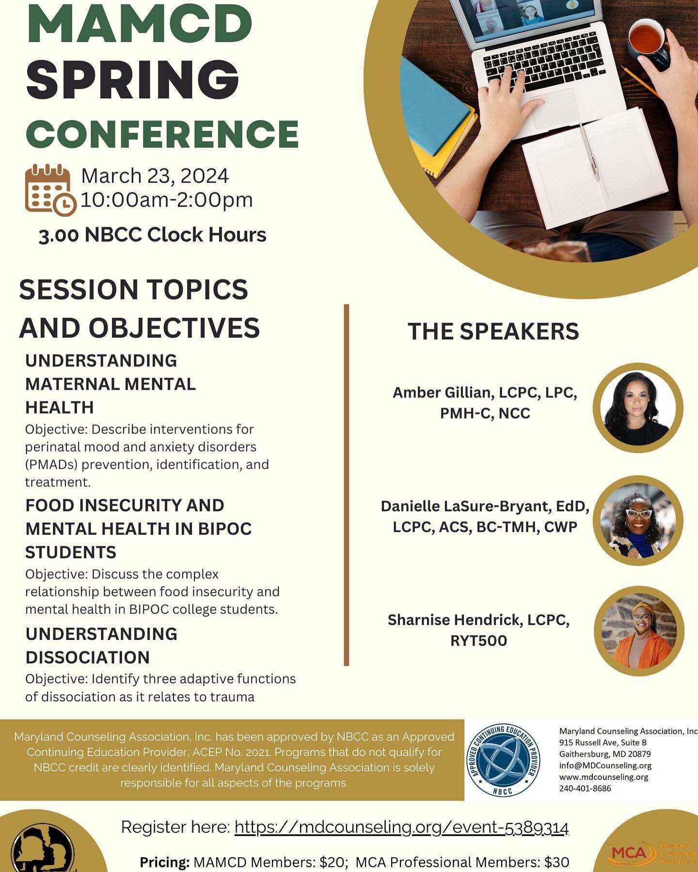 Excited to join @marylandamcd for their spring conference to speak about the foundations of understanding and working with dissociation! Head to https://mdcounseling.org/event-5389314 or their page to register. The event is from 10am-2pm EST and I&rs