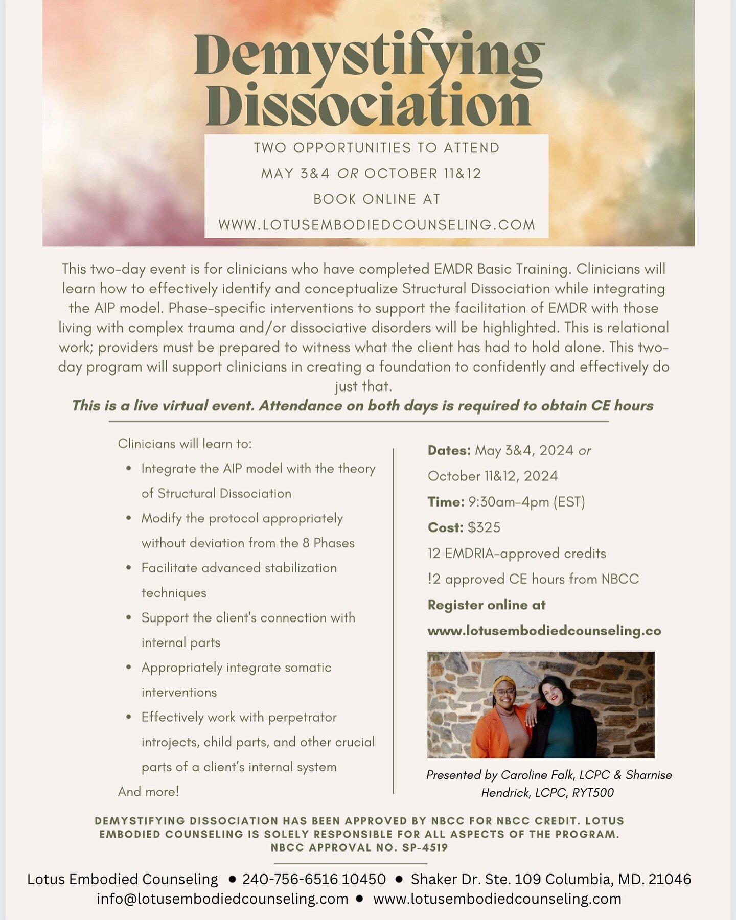 Demystifying Dissociation- EARLY25 for $25 off until April 16th. 

Approved for 12 NBCC ce hours and 12 EMDRIA credits

Learn to effectively integrate the theory of structural dissociation with the facilitation of EMDR to appropriately conceptualize 